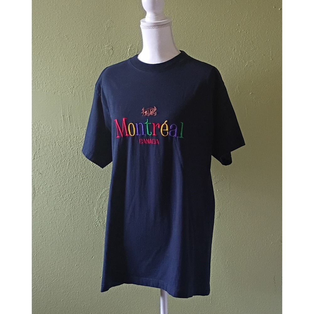 Y2K Vintage Vibe Gorpcore Navy Cotton Montreal Canada T-Shirt Tee Womens L Large